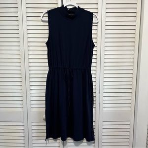 Eileen Fisher Medium Midnight Blue Navy Mock Neck Sleeveless Dress Tie Waist New